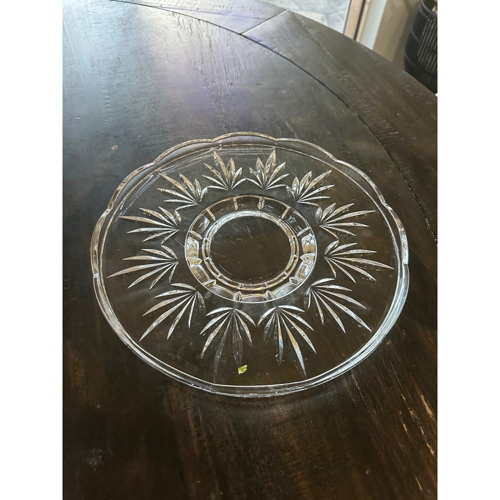 Vintage Heavy Cut Crystal Cake Plate Platter 11" Scalloped Fan Leaf 3.73 LB VGUC